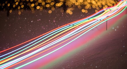 Neon fairy lights arranged in a flowing diagonal pattern with soft golden bokeh Christmas background, gentle snowfall overlay, immersive glowing festive atmosphere.