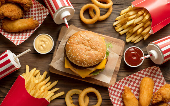 A top-down photograph of a wooden table laden with classic American fast food spread across its surface. The scene features a large cheeseburger with sesame seed bun, golden french fries spilling from