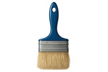 Blue handled paint brush with natural bristles, ready for renovation, home improvement, or creative art projects, transparent background