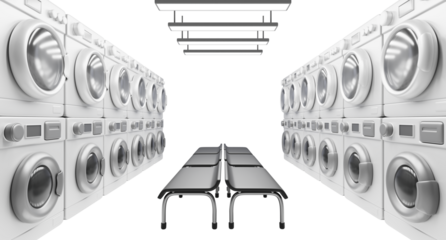 Modern Laundry Room: A clean and organized commercial laundry room showcases rows of washing machines, a modern design and functional layout.