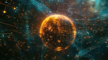 Global network connecting digital data across a dark background