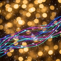 A creative rephrasing of neon fairy lights arranged in a flowing diagonal pattern with soft golden bokeh Christmas background, gentle snowfall overlay, immersive glowing festive atmosphere, focused