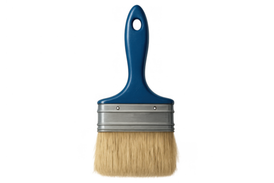 Blue handled paint brush with natural bristles, ready for renovation, home improvement, or creative art projects, transparent background
