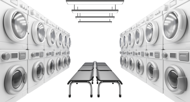 Modern Laundry Room: A clean and organized commercial laundry room showcases rows of washing machines, a modern design and functional layout.