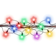 A creative rephrasing of neon star bulbs connected with thin glowing wire, multicolor red-green-blue-yellow illumination, dreamy holiday sparkle effect, horizontal banner composition, isolated white