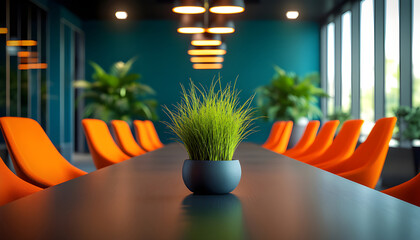 Modern conference room with dark table, bright orange chairs, and plants. Sleek interior design suits business meetings and