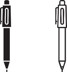 Two distinct pen icons one solid black silhouette and one outline drawing isolated on transparent background