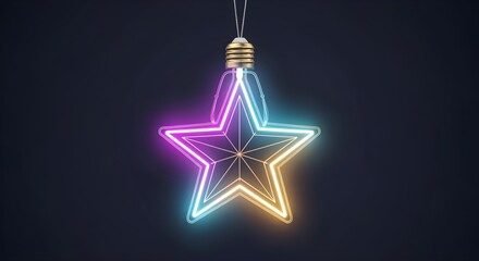 Opulent neon star-shaped Christmas bulbs glowing in royal purple, icy blue, and golden white; metallic chrome string; luxury luminous halo; isolated transparent object for upscale holiday designs.