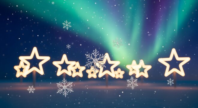 A creative rephrasing of neon star bulbs twinkling against a deep twilight blue background, with a gradient suggesting the aurora borealis. Delicate, glittering snowflakes float in the foreground