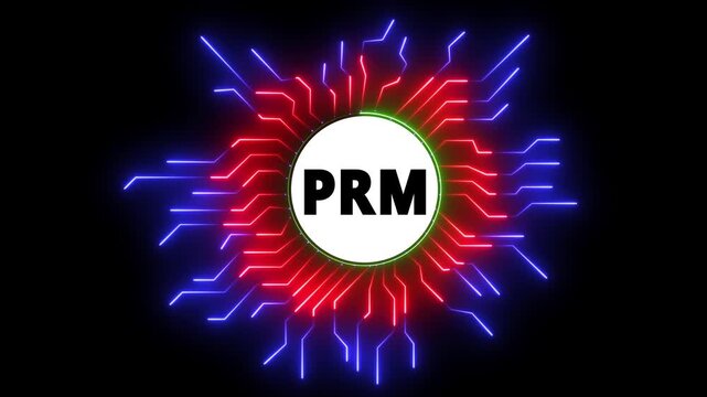 Neon circle on black background with text prm