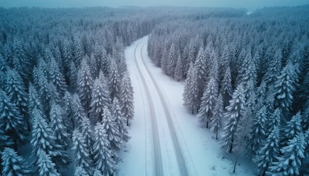Aerial view of snow covered forest with winding road. Evergreen trees dusted in white snow create a remote winter landscape. Cold, frosty wilderness path for travel.