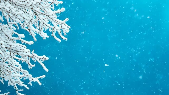 Snowy branches on left falling snow on blue background winter scene cold seasonal holiday nature peaceful design