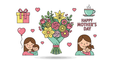 Happy Mother's Day greeting card with flowers and gift box illustrations