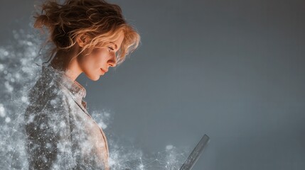 Woman with glasses uses laptop for data management, networked copy space, high quality stock market visualization