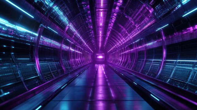 Futuristic neon lit tunnel leading to digital portal - Powered by Adobe