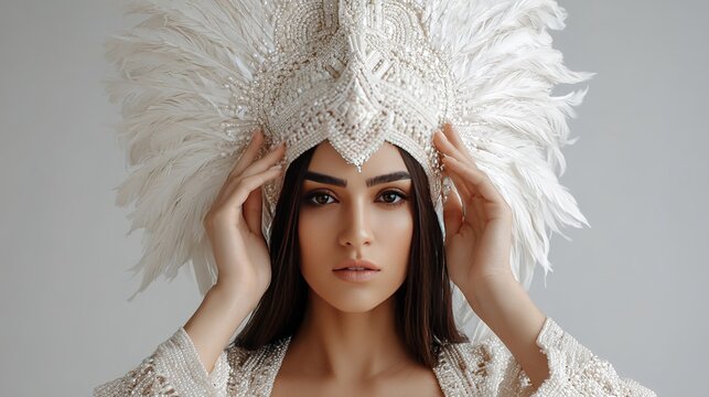 Young caucasian female in ornate feathered headdress looking forward - Powered by Adobe