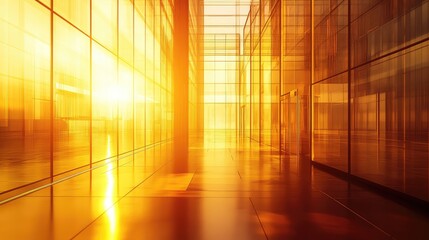 Modern glass building reflecting golden light at sunset
