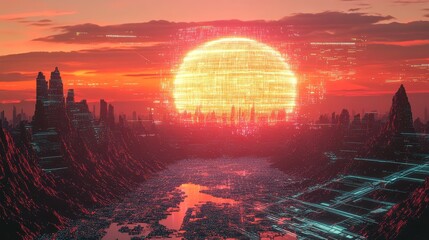 Digital sun setting over futuristic data city landscape