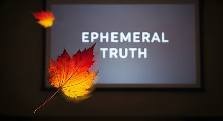 A close-up of a vibrant autumn maple leaf placed in front of a screen displaying the words 'Ephemeral Truth' in bold white letters, creating a striking contrast between nature and technology
