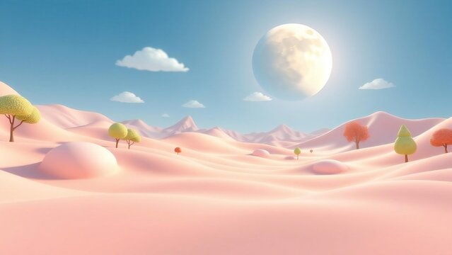 Whimsical pastel landscape with rolling hills and a large moon
