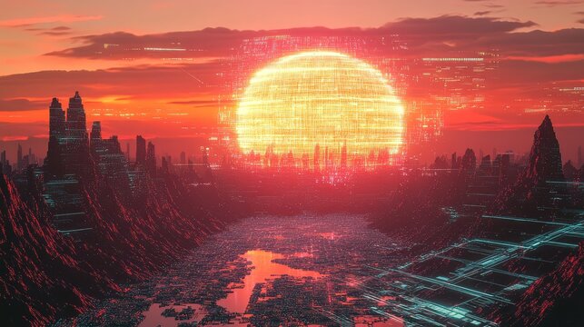 Digital sun setting over futuristic data city landscape