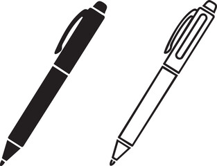 Two stylized pens one solid silhouette and one outlined isolated on transparent background