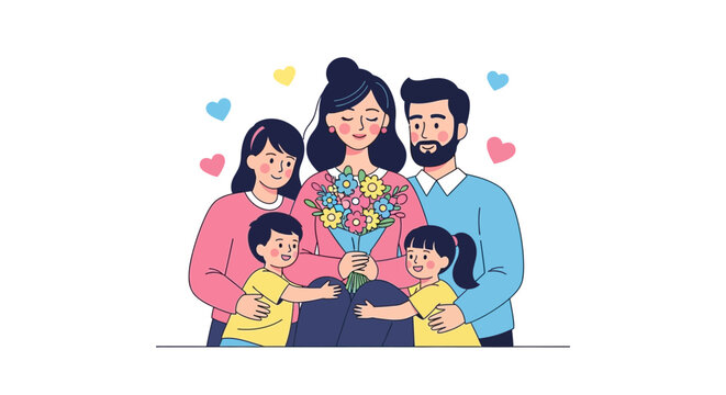 Family Love Parents and Children Sharing Affection and Flowers on a Special Day - Powered by Adobe