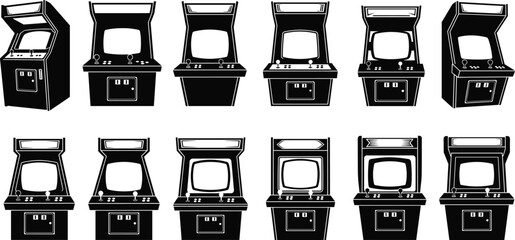 Arcade cabinet vector set, black and white illustration, retro gaming machine designs, joystick and button layout, vintage game icon template © Ideasy Mind