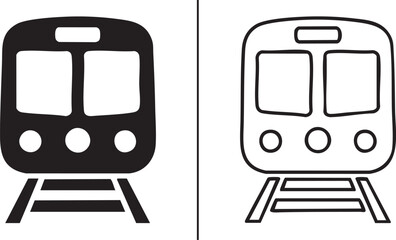 Two train icons one solid black silhouette and one outline isolated on transparent background