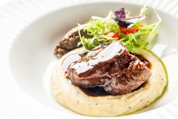A close-up, high-angle, selective focus photo of filet mignon with demi-glace sauce on a bed of mashed potatoes, garnished with fresh greens