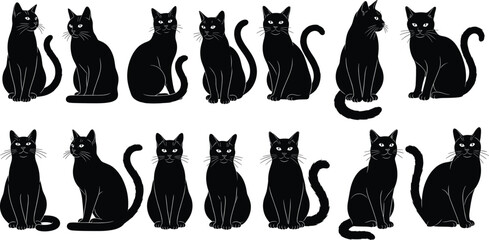 Black cat silhouette vector set, stylized feline posture variations, animal icon design, pet character artwork, mystery theme template, editable graphic © Ideasy Mind