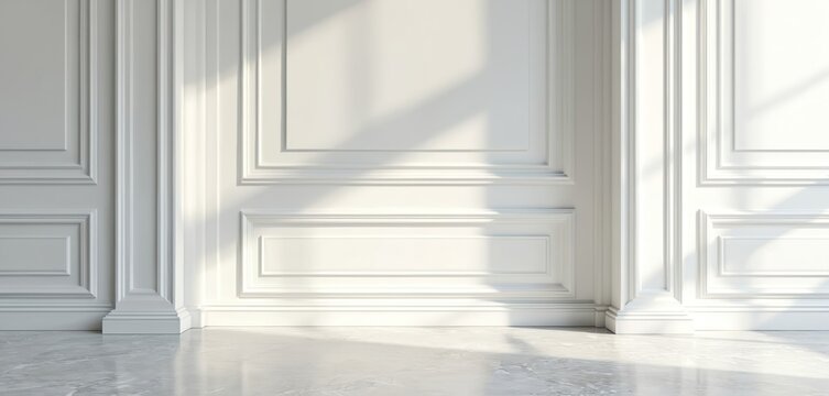 Elegant white wall interior with marble floor. Shadow play on wall panels. Sun light create contrast in the empty room. Architecture background.