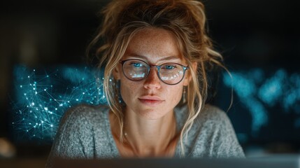 Woman with glasses uses laptop for data management, networked copy space, high quality stock market visualization