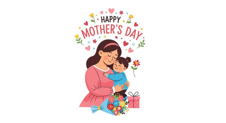 A heartwarming vector illustration for Mother's Day featuring a mother embracing her little daughter with love, flowers, and a gift