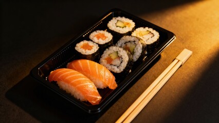 Sushi to go concept. Takeaway box with sushi Delicious sushi platter with salmon and assorted rolls.