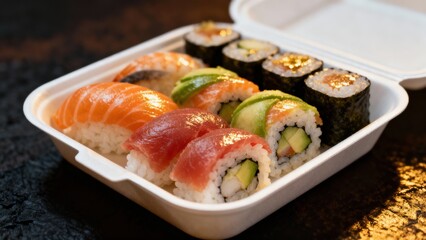 Sushi to go concept. Takeaway box with sushi Delicious assortment of sushi rolls in a takeout container.