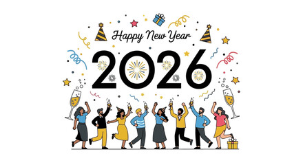 A joyful and diverse group of friends cheerfully toasting with champagne to celebrate the arrival of the New Year 2026