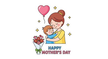 Happy Mother's Day with mom hugging her child, balloon, and flowers