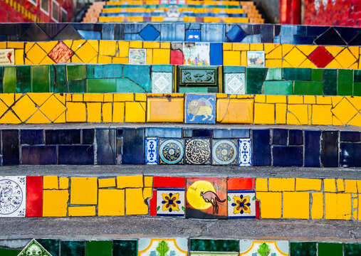 Colorful mosaic tiles covering the famous Escadaria Selaron, an iconic staircase straddling the Lapa and Santa Teresa neighborhoods, Rio de Janeiro, Brazil
