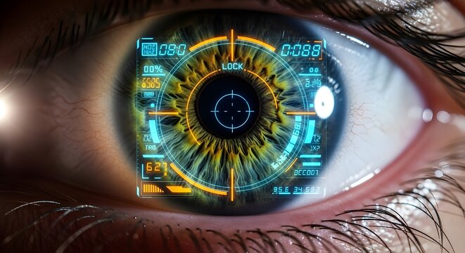 Human Eye with Futuristic Biometric Scanner Interface and Digital Data Overlay Technology