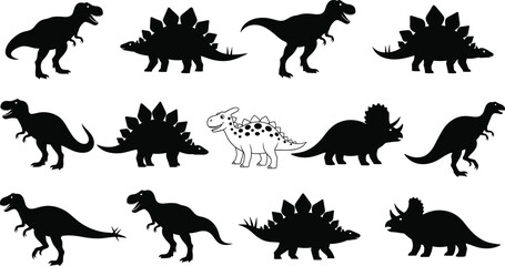 Dinosaur silhouette vector set, black and white illustration, prehistoric animal icons, species variation design, fossil template artwork, extinction era graphic