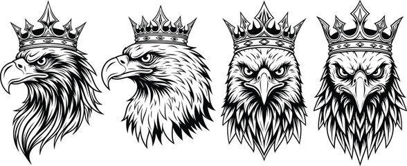 Eagle head vector set, crowned bird illustration, black and white design, royal animal emblem, fierce expression graphic, tattoo style template