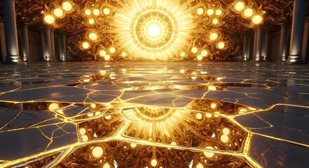 A luxurious and ornate interior space featuring a grand chandelier, intricate gold accents, and reflective surfaces creating an opulent atmosphere