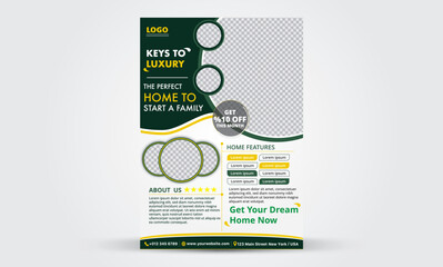 Print This modern real estate flyer template features a clean design to promote luxury homes for families, including placeholders for images and property details.