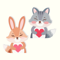 Cute bunny and raccoon holding hearts in kawaii style