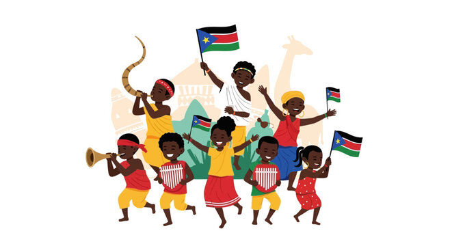 South Sudanese Children Celebrate Freedom with Flags and Traditional Instruments