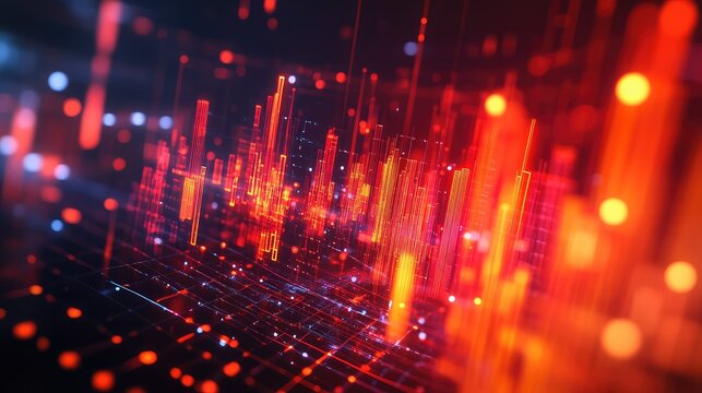 Abstract digital data displaying glowing red bars and network connections
