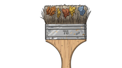 Paintbrush with colorful paint blobs centered white background