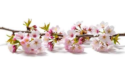 Delicate cherry blossoms bloom on a branch against a white background.