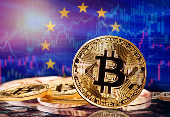Bitcoin with European Union flag in the background. Investors in cryptocurrency and Blockchain Technology in the European Union, Concept